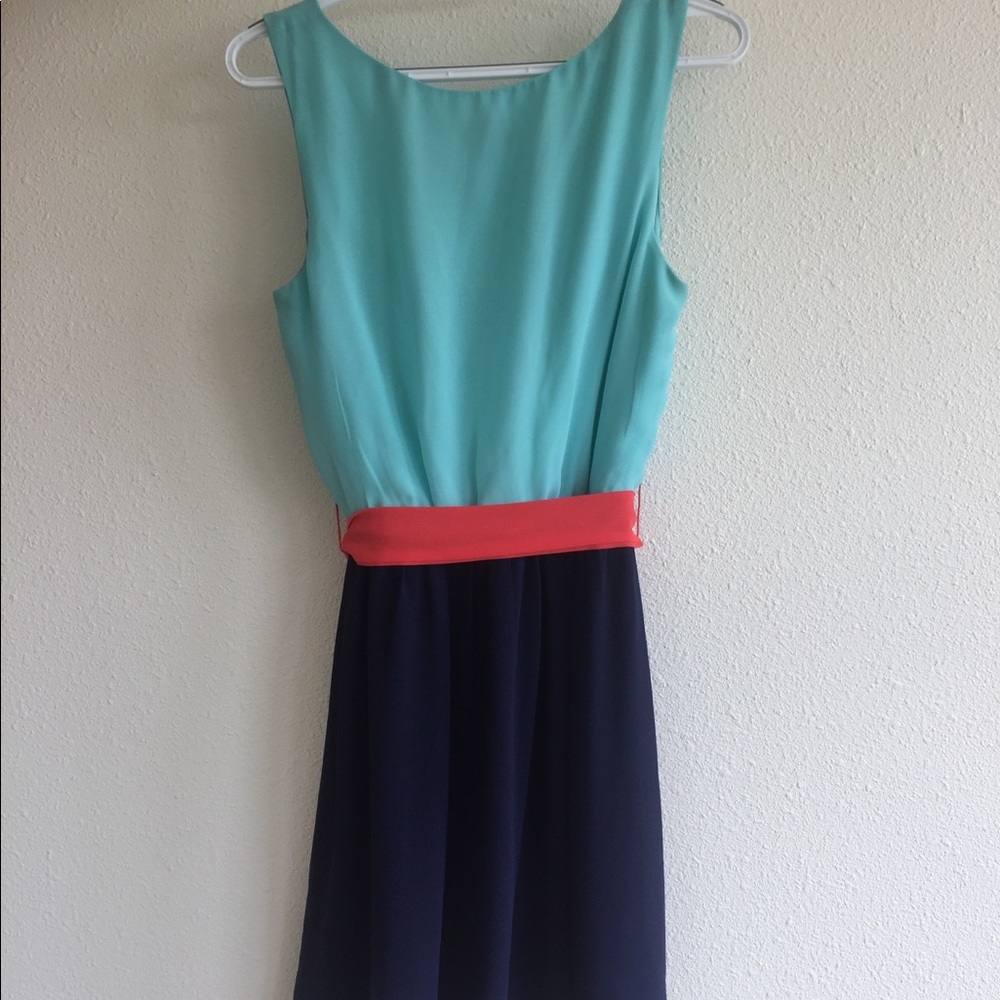 Two colored knee length dress with belt